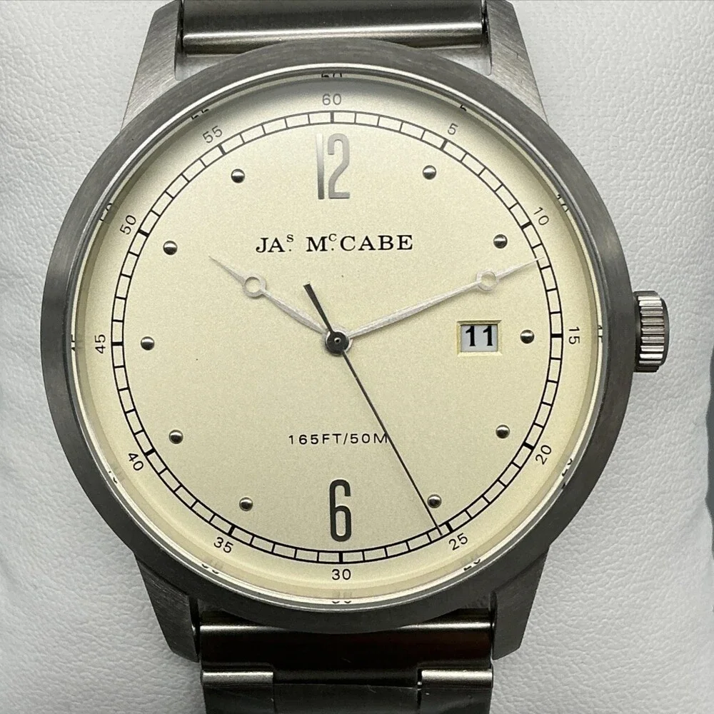 JAS McCabe JM-1034 Mens Watch 42mm Cream Dial Stainless Date New Battery 8.25